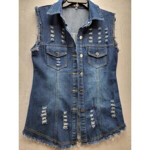 Dasior Distressed Sleeveless Jean Denim Cardigan Vest Size M